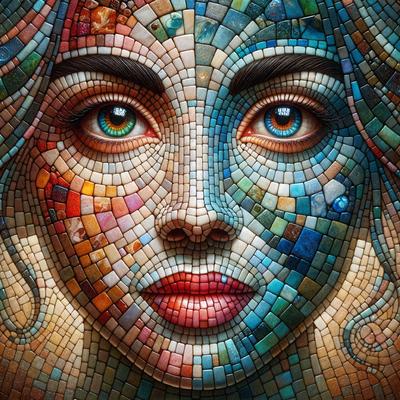 The primary subject of the image is a woman's face, which is the main focus of the image. The setting is a mosaic artwork, featuring a colorful and intricate design. The visual style is a combination of digital art and illustration, creating a unique and eye-catching representation of the woman's face. The colors and mood of the image are vibrant and lively, with a mix of blue, green, and red tones that evoke a sense of energy and creativity.